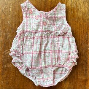Vintage y2k Faded Glory Pink & Green Plaid Romper Baby Girl 0-3 Months Flowers